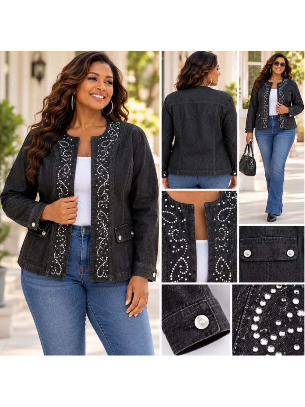 Blair 2XL Black Denim Rhinestone Embellished Open Front Jacket Blazer Y2K